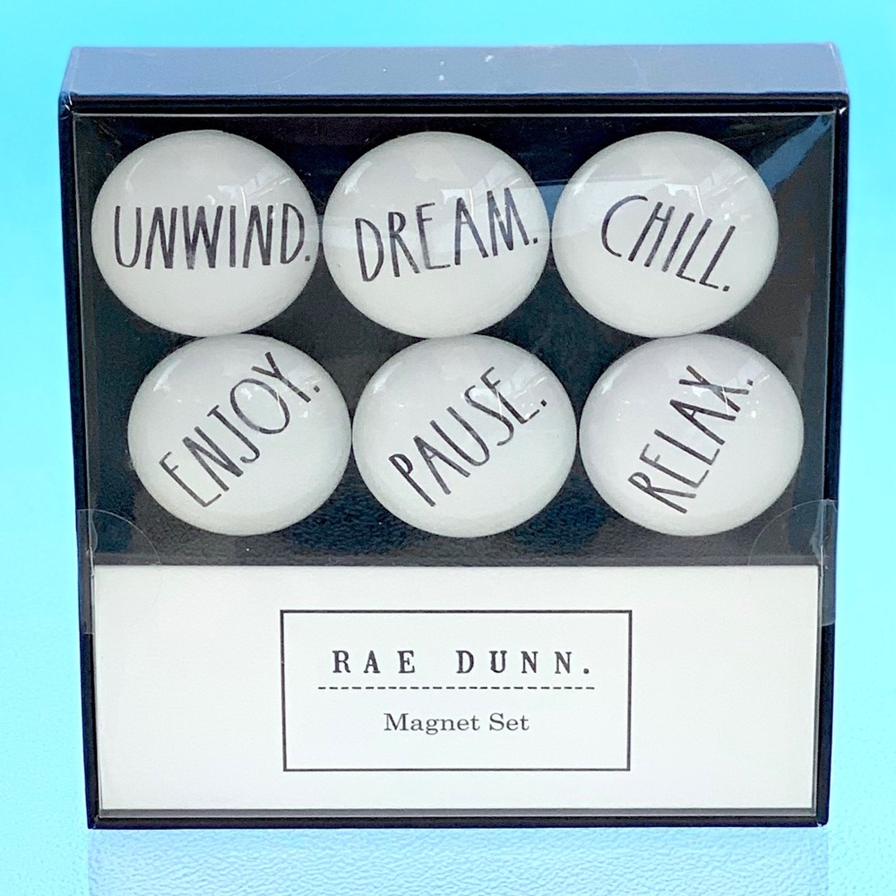 Rae Dunn Black and White Unwind 6 Glass-Dome Magnet Set